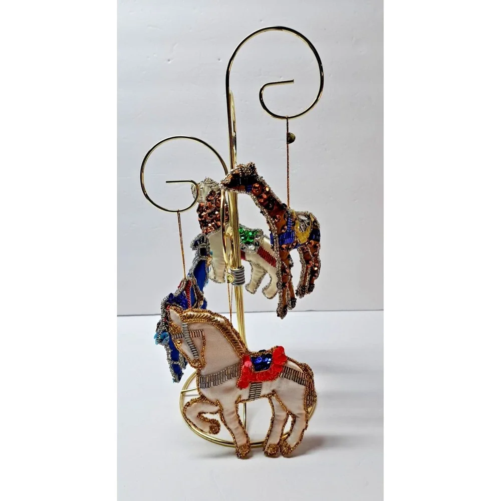 Four Animal Christmas Ornaments Satin Fabric Beaded Sequins Shiny Vintage Decor
